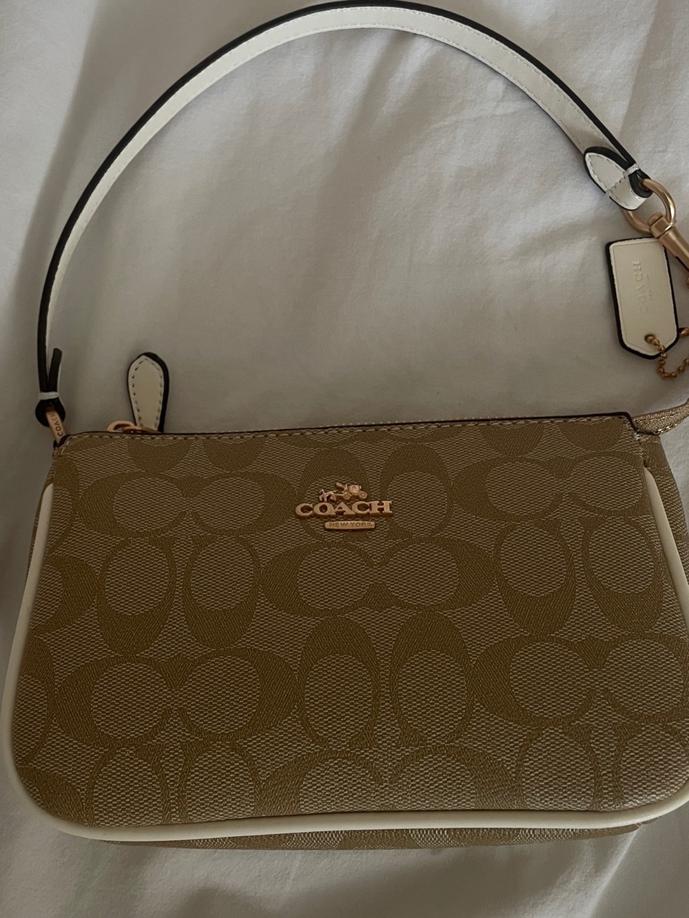 Coach Khaki Signature Canvas Shoulder Bag with Chalk Trim